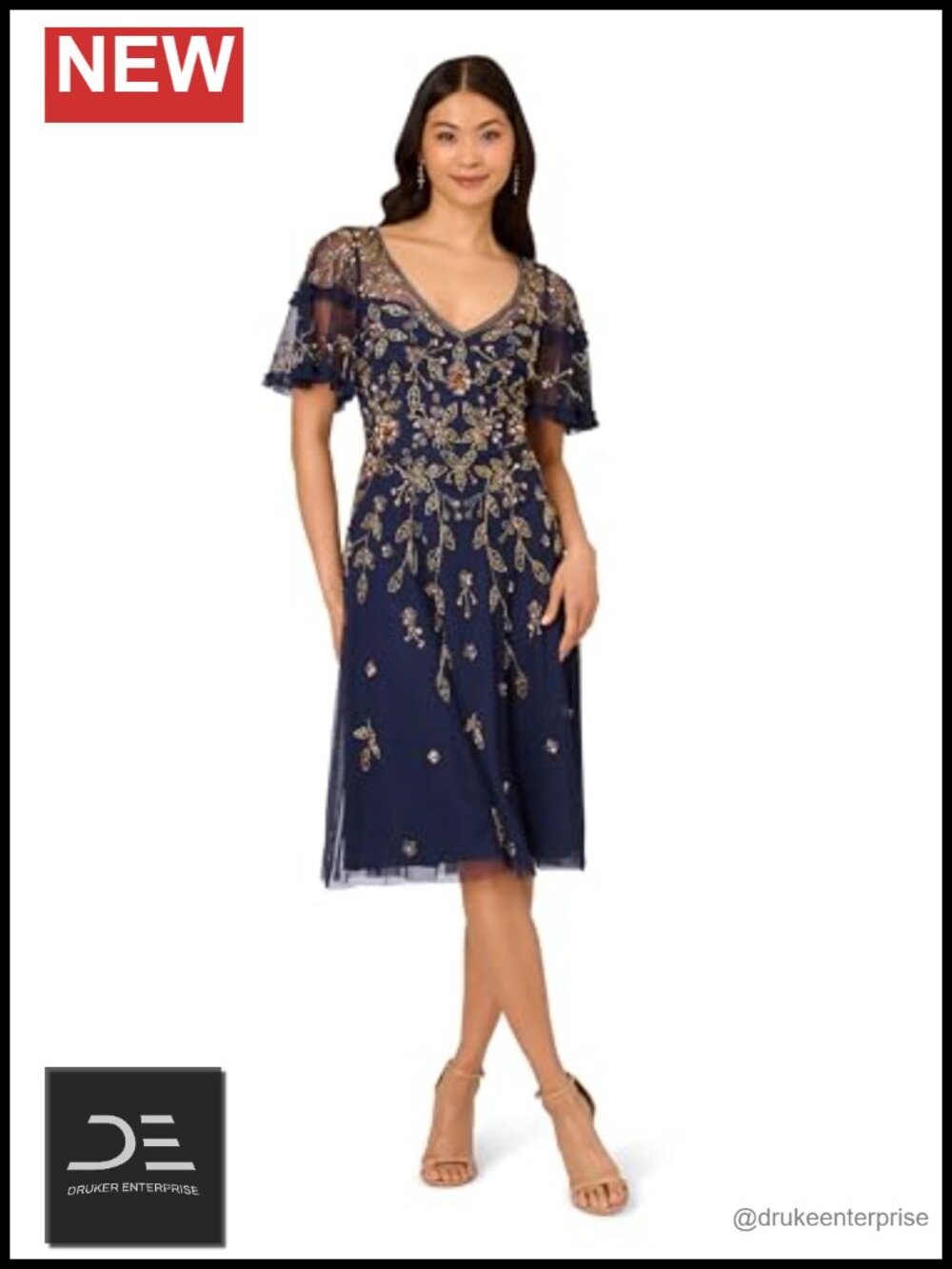 Beaded Midi Dress A-Line V-Neck Flutter Sleeve Cocktail Party Wedding